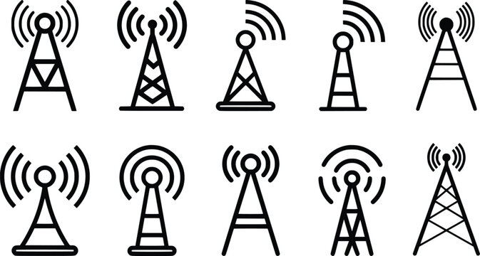 Wireless communication icons. antenna icon set. Radio antenna icon. Communication tower icons. Radio tower icons. network icons vector Illustration