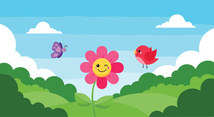 Cute cartoon spring or summer landscape with a winking pink flower, a flying purple butterfly, and a red bird in a cheerful green meadow under a blue sky with white clouds.