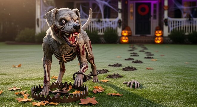 A zombie dog mannequin is caught in a bear trap on the lawn of a decorated house. Halloween theme, it is snarling with bared teeth