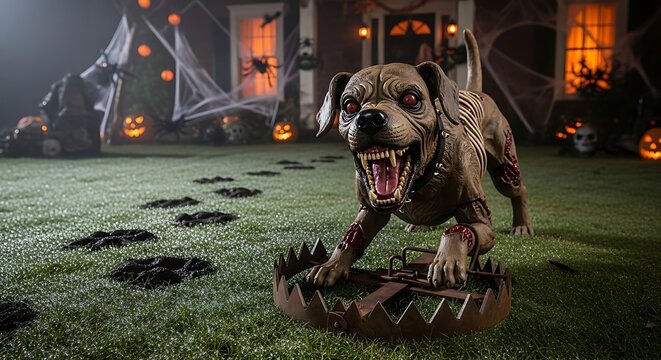A zombie dog mannequin is caught in a bear trap on the lawn of a decorated house. Halloween theme, it is snarling with bared teeth