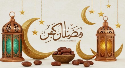 Ramadan Kareem illustration with lanterns, dates, crescent moons