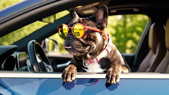 Cool French Bulldog Wearing Red Sunglasses Relaxing in Blue Car Window on Sunny Day, Stylish Pet Road Trip Moment with Funny Dog Expression