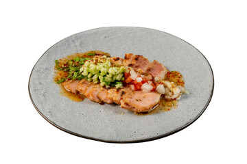Deliciously prepared salmon on a rustic ceramic plate, an enticing culinary creation ready to be savored. This gourmet meal, garnished with fresh toppings, embodies the art of fine dining