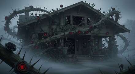 An abandoned Craftsman bungalow being consumed by a monstrous, thorny vine covered in black roses with glowing red centers