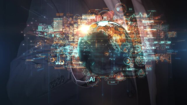 Businessperson holding glowing futuristic global data network