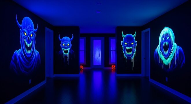 A sleek, all-black house where the Halloween decor is purely lighting, ultra-violet lights cause hidden monster murals painted in UV-reactive paint to glow violently on the walls