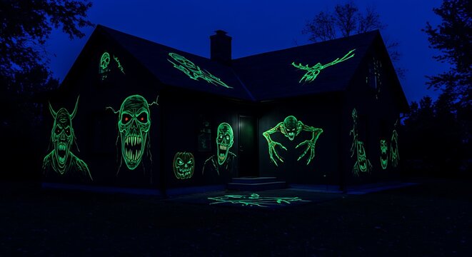 A sleek, all-black house where the Halloween decor is purely lighting, ultra-violet lights cause hidden monster murals painted in UV-reactive paint to glow violently on the walls