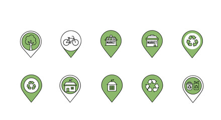 Eco friendly pointers for map locations showing green initiatives and sustainable living options available