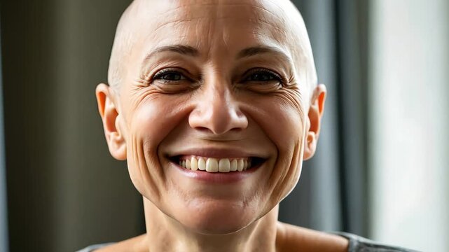 Bald woman smiling broadly, showing optimism and confidence. Representing strength, wellness, and self-acceptance