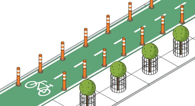 Bike lane safety with bollards and tree protection for urban cycling infrastructure design concept idea