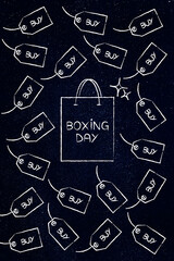 boxing day shopping bag surrounded by buy price tags illustration