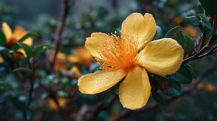 Fototapeta premium Yellow Flower with Water Drops Macro Photography, Nature Ecology Material