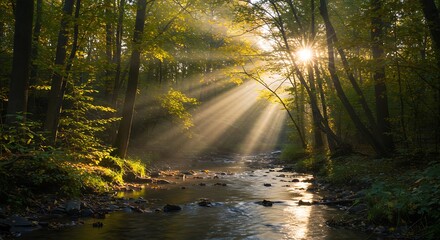 Obraz premium Sunbeams Pierce Through Forest Canopy Illuminating a Serene Woodland Stream.