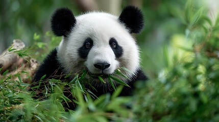 Obraz premium A giant panda eating bamboo shoots surrounded by green foliage in its natural habitat outdoors