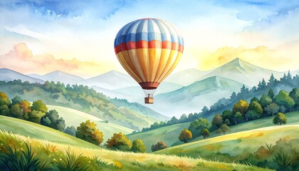 Fototapeta premium Vibrant watercolor painting of a hot air balloon soaring over majestic mountain landscape at golden hour.