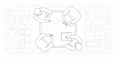 Top view line drawing of a team collaborating around a circular table with documents and devices