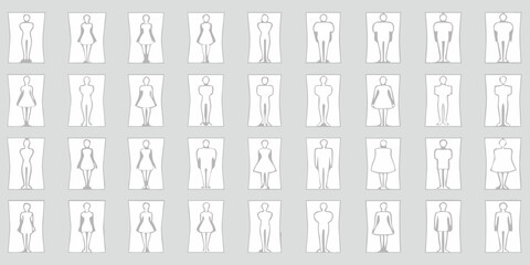 A grid of stylized human figures in white outlines on a light gray background representing diversity