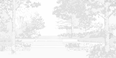 Fototapeta premium A minimalist grayscale illustration of a garden path with stone steps leading up through trees and foliage