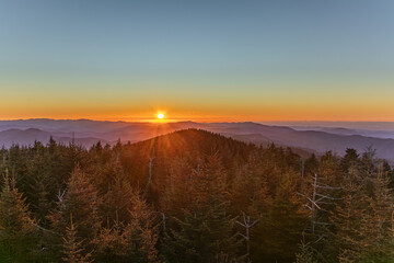 Naklejka premium Sunset from the summit of Kuwohi formerly Clingman's Dome in the Great Smokey Mountains National Park near Cherokee, North Carolina October, 2025