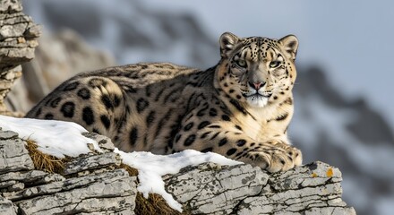 Obraz premium Snow Leopard Portrait Majestic Feline Resting on Rocky Outcrop in Natural Habitat