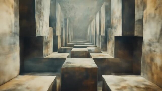 Abstract perspective illustration of a hallway with geometric patterns