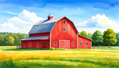 Obraz premium Rustic red barn with gray roof standing in open rural landscape under clear sky, vibrant red barn with gray roof dominates peaceful expansive countryside setting.