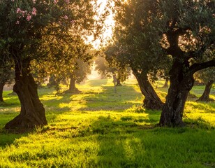 Naklejka premium Sunlight illuminates a grove of trees amidst lush green grass