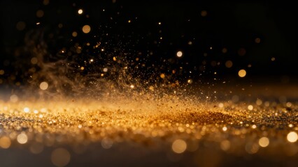 Naklejka premium Golden glitter particles suspended in mid-air against a dark background, creating a sparkling and luxurious visual effect.