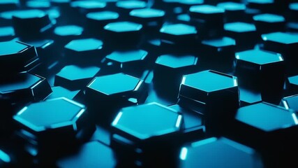 Three dimensional array of glowing hexagonal prisms in deep blue illumination - Powered by Adobe