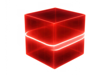 Red glow energy cube generating abstract light, creating futuristic geometric shape on transparent background