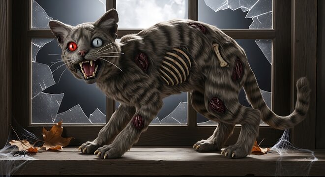 A zombie cat with a arched back and missing fur is posed hissing from a windowsill. Halloween decoration. The window behind it is cracked