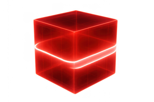 Red glow energy cube generating abstract light, creating futuristic geometric shape on transparent background