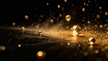 Obraz premium Glistening golden spheres suspended in a dark, sparkling environment, creating an ethereal and luxurious atmosphere.