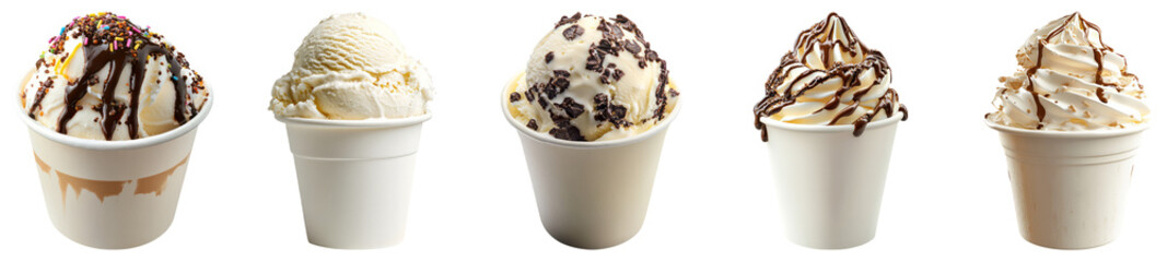 Assorted Ice Cream Cones with Different Flavors and Toppings, PNG bundle collection, Isolated on Transparent Background