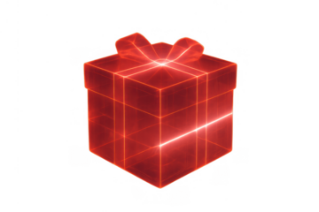 Glowing red neon gift box outline with a ribbon bow offering celebration and surprise on transparent background