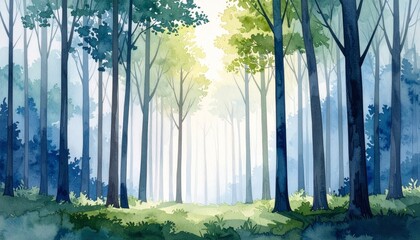 Fototapeta premium Vibrant watercolor woodland scene depicting serene trees and tranquil natural beauty.