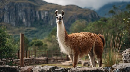 A llama standing on rocks in front of a mountain landscape with trees and a fence in the background