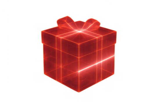 Glowing red neon gift box outline with a ribbon bow offering celebration and surprise on transparent background