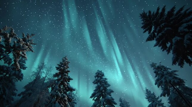 A breathtaking view of a snow covered pine forest at night with the vibrant teal aurora borealis dancing in the star filled sky above. Tall evergreen trees laden with snow frame the celestial display.