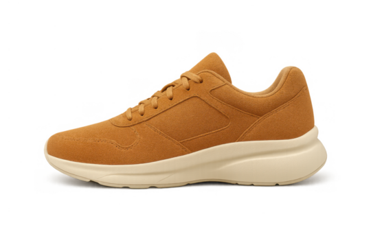 Brown suede sneaker with beige sole, casual athletic footwear for urban and leisure activities, transparent background