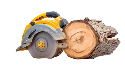 Circular saw cutting through a log on a black background
