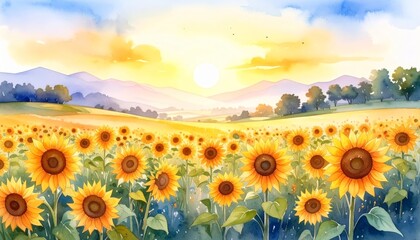 Fototapeta premium Vibrant yellow sunflowers stretching across a vast sun drenched agricultural field under clear blue sky.