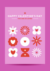 Happy Valentine's Day Card with Stylized Hearts and Flowers