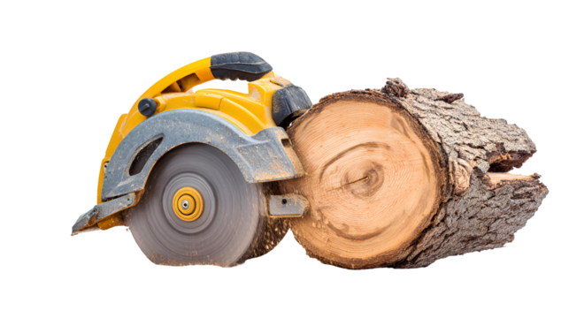 Circular saw cutting through a log on a black background