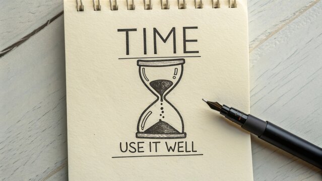 Creative illustration of an hourglass with a motivational quote about time management and its significance in life