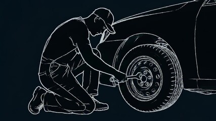 Mechanical Precision: An outline of an expert mechanic meticulously attending to a vehicle's wheel, embodying the dedication to meticulous service and technical finesse.