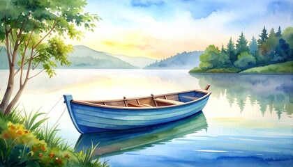 Obraz premium Serene lakeside scene featuring fishing boat resting peacefully on tranquil shore near calm water surface under clear sky.