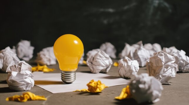 A glowing yellow light bulb symbolizes creativity amid scattered crumpled white papers representing discarded ideas,