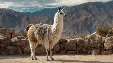A llama stands tall in a desert landscape with mountains and a stone wall in the background scenery