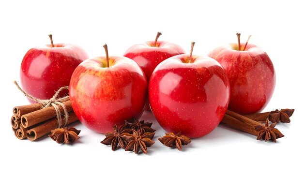 Close-up of vibrant red apples, cinnamon sticks, and star anise